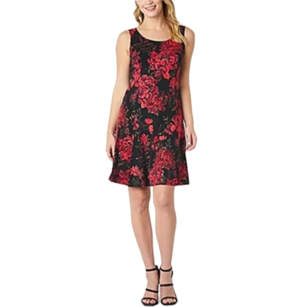 Perceptións Black/Red Floral Dress‎ Sleeveless Round Neck Size Small Petite PS